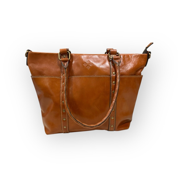 Patricia Nash Carducci Pocket Tote Cognac Brown Leather Bag Antique Brass Accent - Picture 3 of 11